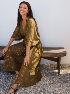 Khaki Green with Gold Sequins - Tie Waist Maxi Cover-Up*Next Outlet