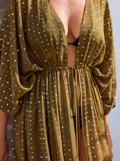 Khaki Green with Gold Sequins - Tie Waist Maxi Cover-Up*Next Outlet