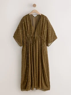 Khaki Green with Gold Sequins - Tie Waist Maxi Cover-Up*Next Outlet
