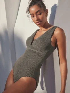 Khaki groen met glitters - Diepuitgesneden vormgevend buikcorrigerend badpak*Next Best