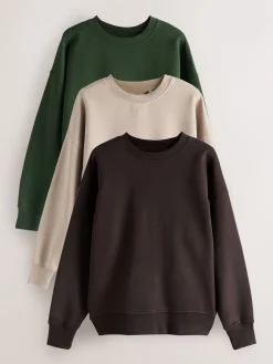 Khaki/steenkleur - Cotton Rich Brushed Back Soft Feel Ribbed Crewneck Sweatshirts 3 Pack*Next Hot