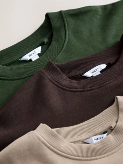Khaki/steenkleur - Cotton Rich Brushed Back Soft Feel Ribbed Crewneck Sweatshirts 3 Pack*Next Hot