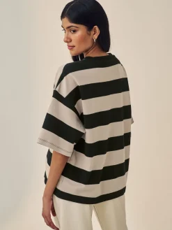 Kiezelkleurige neutrale streep - Boxy oversized T-shirt met relaxte pasvorm van zware stof en ronde hals*Next New