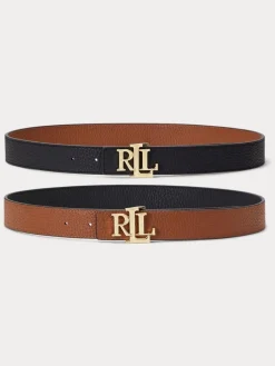 2,5cm Omkeerbare kiezelkleurige leren riem met logo*Lauren Ralph Lauren Outlet