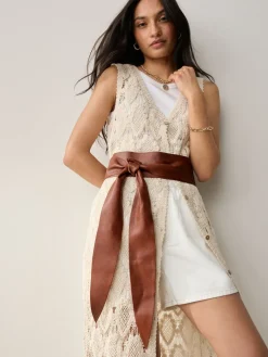 Lichtbruin - Brede leren riem met knoopdetail*Next Best