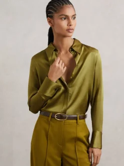 Lichtgroen - Ameira Silk-Satin Concealed-Placket Shirt*Reiss Online