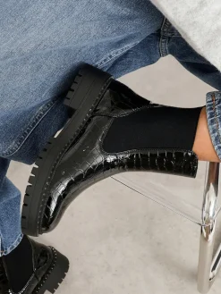 Landon Chunky Croc Mix Ankle Boots With Stud Detail Sole*Linzi New