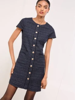 Boucle Button Through Short Sleeve Shift Dress*Lipsy Outlet