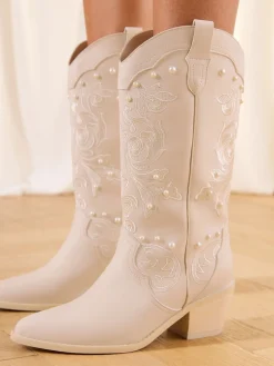 Bridal Pearl Embellished Mid Calf Western Boots*Lipsy Online
