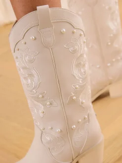 Bridal Pearl Embellished Mid Calf Western Boots*Lipsy Online