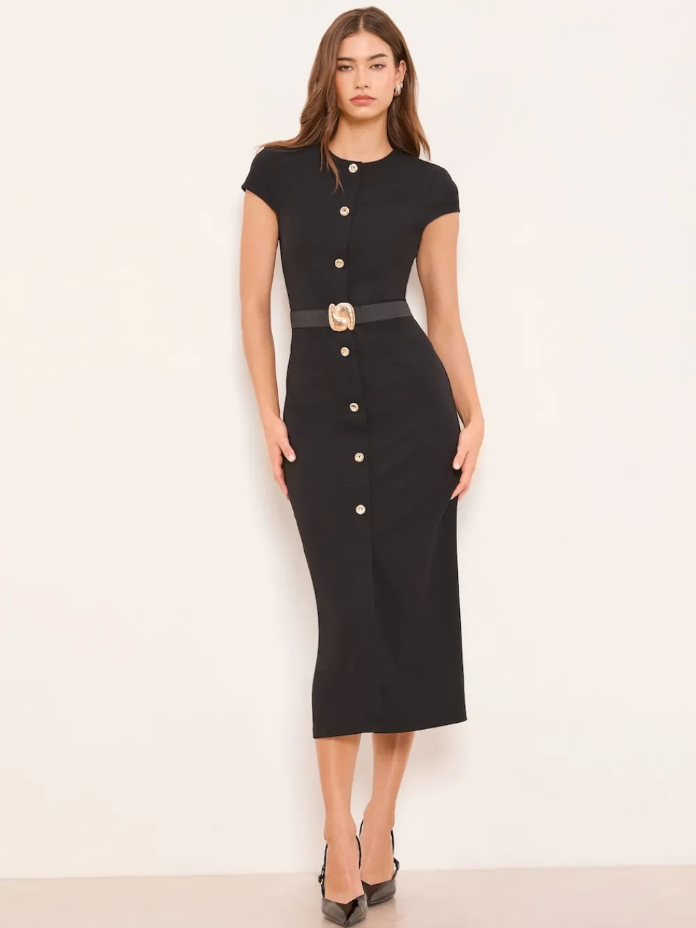 Cap Sleeve Button Through Belted Bodycon Midi Dress*Lipsy Hot
