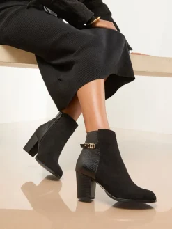 Faux Leather Mid Heel Almond Toe Mixed Fabric Ankle Boots*Lipsy Best