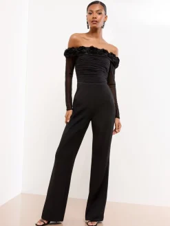 Flower 3D Trim Bardot Long Sleeve Mesh Jumpsuit*Lipsy Outlet