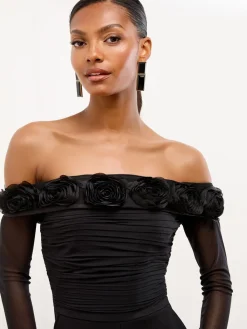 Flower 3D Trim Bardot Long Sleeve Mesh Jumpsuit*Lipsy Outlet