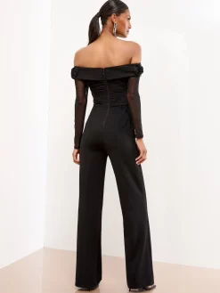 Flower 3D Trim Bardot Long Sleeve Mesh Jumpsuit*Lipsy Outlet