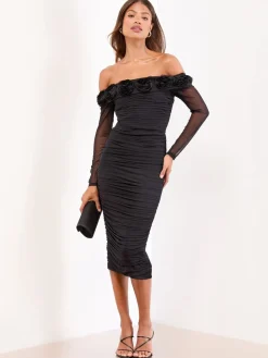 Flower 3D Trim Bardot Long Sleeve Mesh Bodycon Midi Dress*Lipsy Clearance