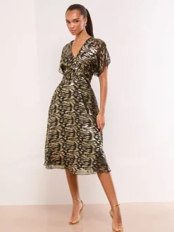 Metallic Printed V-Neck Fit And Flare Midi Dress*Lipsy Outlet