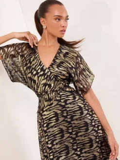 Metallic Printed V-Neck Fit And Flare Midi Dress*Lipsy Outlet