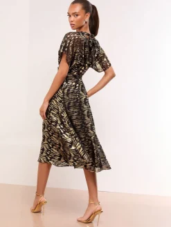 Metallic Printed V-Neck Fit And Flare Midi Dress*Lipsy Outlet