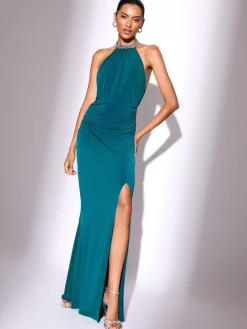 Slinky Ruched Embellished Trim Backless Maxi Dress*Lipsy New