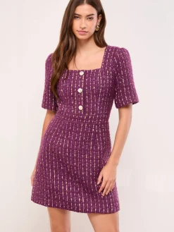Tweed Square Neck Boucle Gold Button Dress*Lipsy Hot