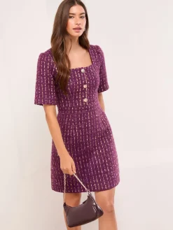 Tweed Square Neck Boucle Gold Button Dress*Lipsy Hot
