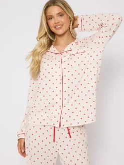 Brushed Knit Heart Printed Traditional Long Sleeve Pyjamas*Loungeable