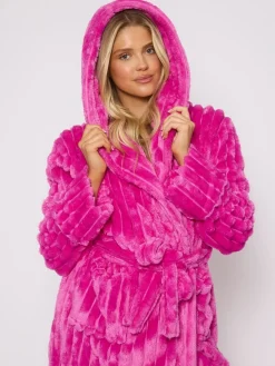 Plush Ridged Fleece Midi Hooded Dressing Gown*Loungeable Outlet