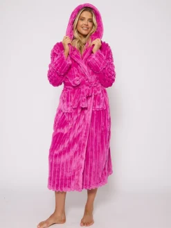 Plush Ridged Fleece Midi Hooded Dressing Gown*Loungeable Outlet