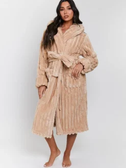 Plush Ridged Fleece Midi Hooded Dressing Gown*Loungeable New
