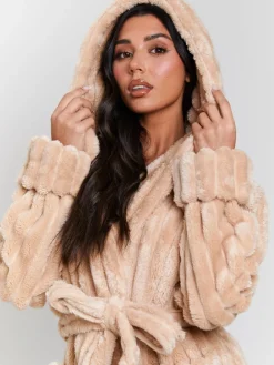 Plush Ridged Fleece Midi Hooded Dressing Gown*Loungeable New