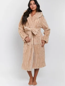 Plush Ridged Fleece Midi Hooded Dressing Gown*Loungeable New