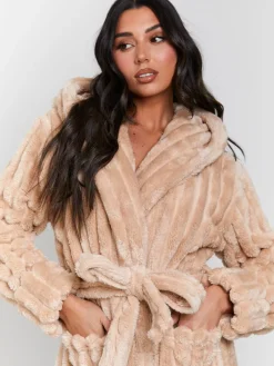 Plush Ridged Fleece Midi Hooded Dressing Gown*Loungeable New