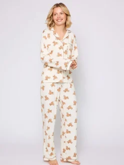 Teddy Bear Print Soft Long Button Through Pyjama Set*Loungeable Clearance