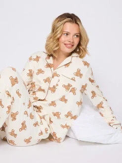 Teddy Bear Print Soft Long Button Through Pyjama Set*Loungeable Clearance