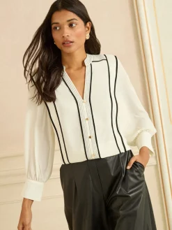 Contrast 3/4 Sleeve Notch Neck Blouse*Love & Roses Best