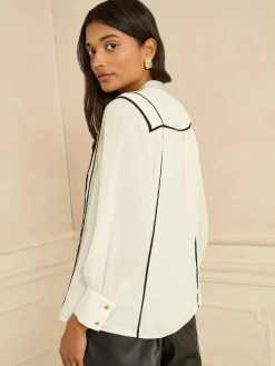 Contrast 3/4 Sleeve Notch Neck Blouse*Love & Roses Best