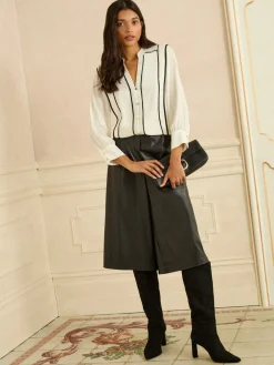 Contrast 3/4 Sleeve Notch Neck Blouse*Love & Roses Best