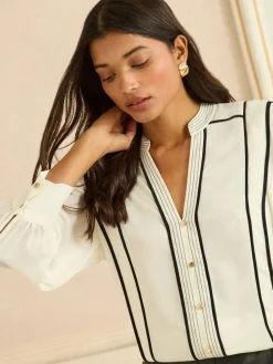 Contrast 3/4 Sleeve Notch Neck Blouse*Love & Roses Best