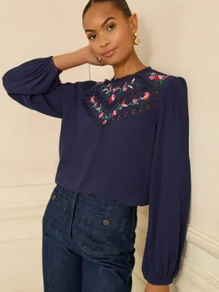 Embroidered Crew Neck Long Sleeve Blouse*Love & Roses Sale