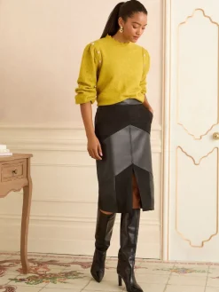 Faux Suede and Faux Leather Mix Midi Skirt*Love & Roses New