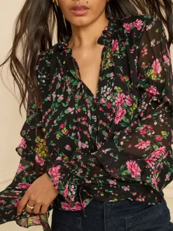 Notch Neck Frill Cuff Blouse*Love & Roses Clearance