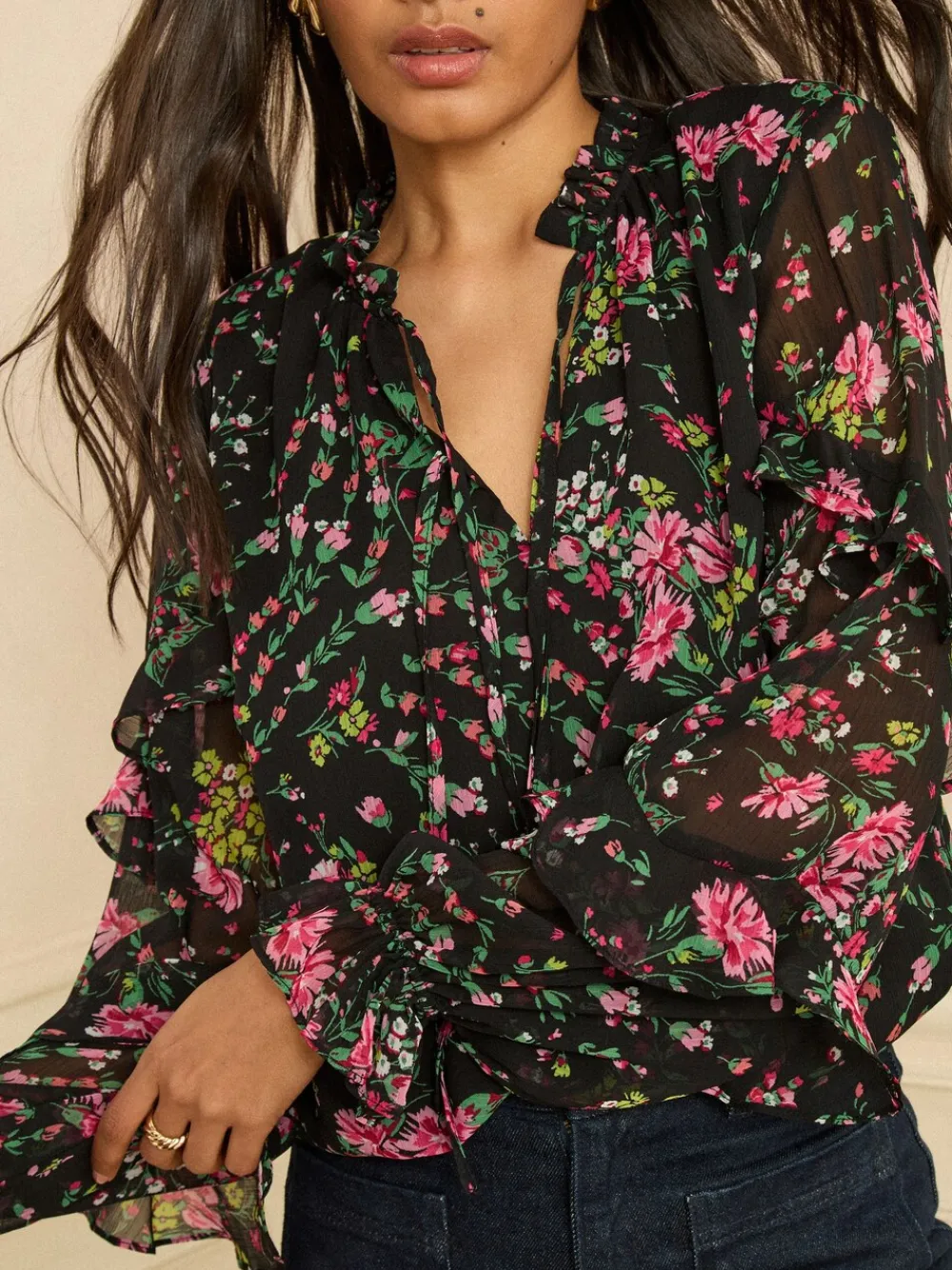 Notch Neck Frill Cuff Blouse*Love & Roses Clearance