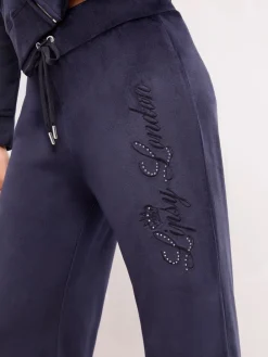 Marineblauw - Geborduurde Velours Joggingbroek met Wijde Pijpen en Relaxte Pasvorm*Lipsy Clearance