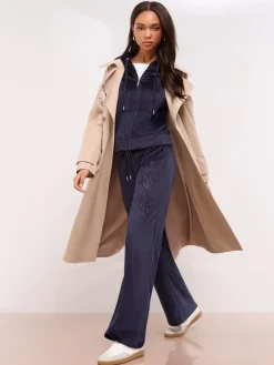 Marineblauw - Geborduurde Velours Joggingbroek met Wijde Pijpen en Relaxte Pasvorm*Lipsy Clearance