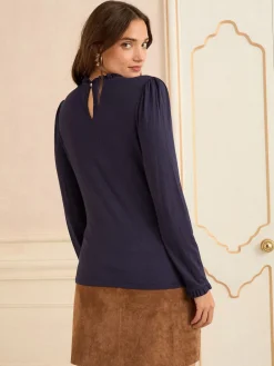 Marineblauw - jersey top met ruches aan de hals en lange mouwen*Love & Roses New