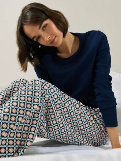 Marineblauw geo - Geribbelde pyjama met lange mouwen*Next Outlet