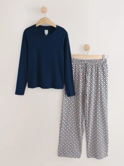 Marineblauw geo - Geribbelde pyjama met lange mouwen*Next Outlet