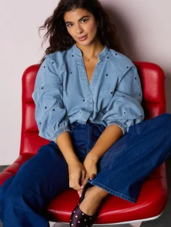 Marineblauw hart - Heart Embroidered V-Neck Puff Sleeve Denim Blouse*Next Online