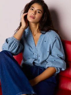 Marineblauw hart - Heart Embroidered V-Neck Puff Sleeve Denim Blouse*Next Online